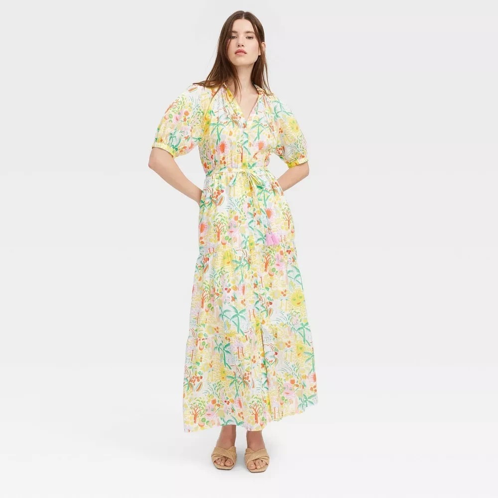 Roller Rabbit x Target Maxi Dress Tropical Print Yellow Green Womens Size S NWT